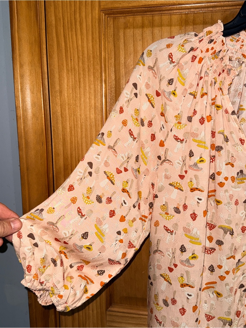 NWT Wallpapher Pale Pink Mushroom-Print Peasant BD Shirt w/Multicolor Accents-S - Picture 6 of 10